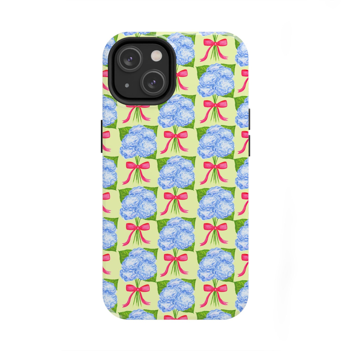 Blue Watercolor Hydrangea Bouquets with Hot Pink Bows Illustrated Patterned Yellow Preppy Grand Millenial Tough Phone Case | Various Models