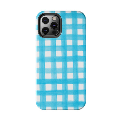 Turquoise Gingham Watercolor Illustrated Tough Phone Case | Various Models Available