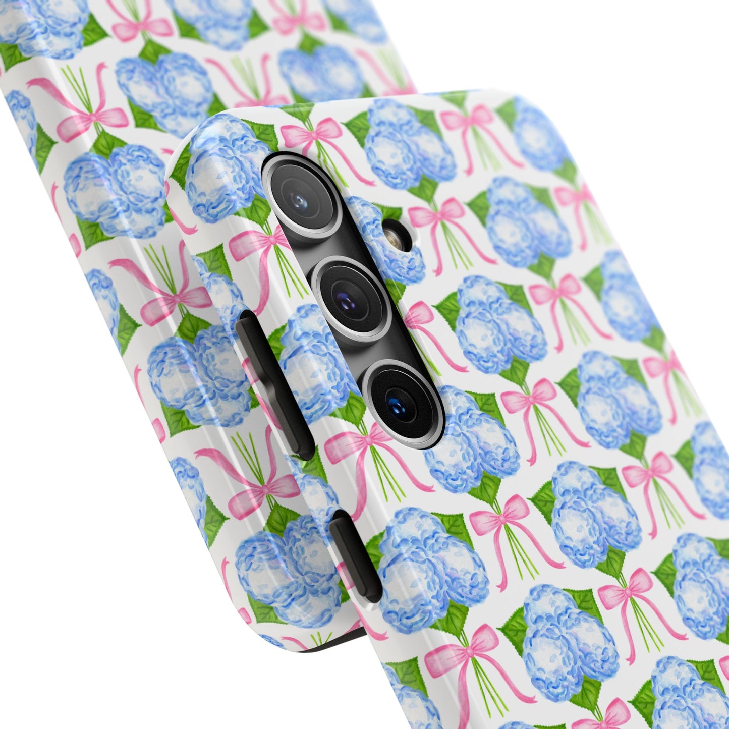 Blue Watercolor Hydrangea Bouqets with Light Pink Bows Watercolor Illustrated Patterned Tough Phone Case | Various Models