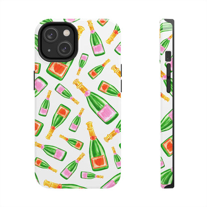 Tossed Pink and Green & Orange and Green Watercolor Illustrated Champagne Bottles Pattern Tough Phone Case | Various Models