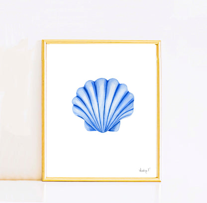 Print | Blue Clam Scallop Seashell Watercolor | Preppy Ocean Coastal New England Beach House  Wall Decor Grand Millenial