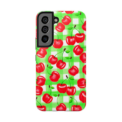Red Tossed Cherries Green Gingham Watercolor Illustrated Tough Phone Case | Various Models Available