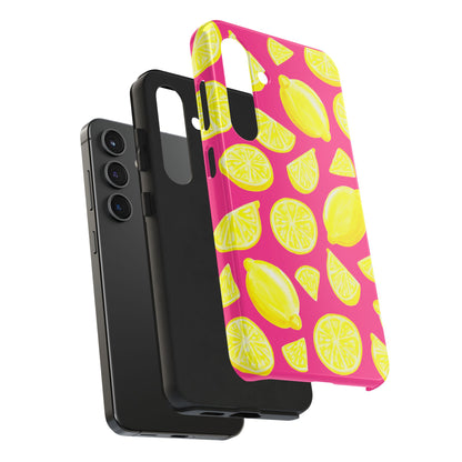 Bright Yellow Lemons Watercolor Illustrated Tossed Pattern Watermelon Pink Tough Phone Case | Various Models
