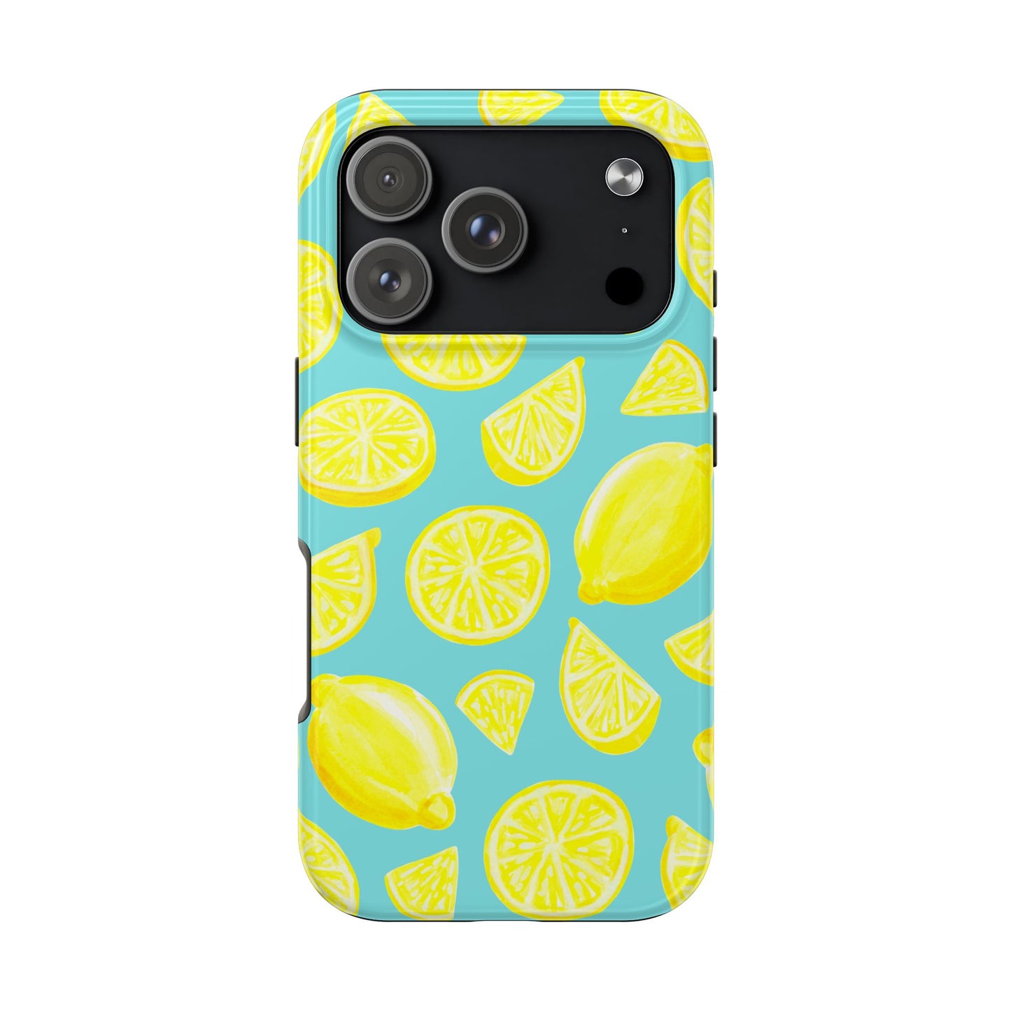 Bright Yellow Lemons Watercolor Illustrated Tossed Pattern Turquoise Blue Tough Phone Case | Various Models