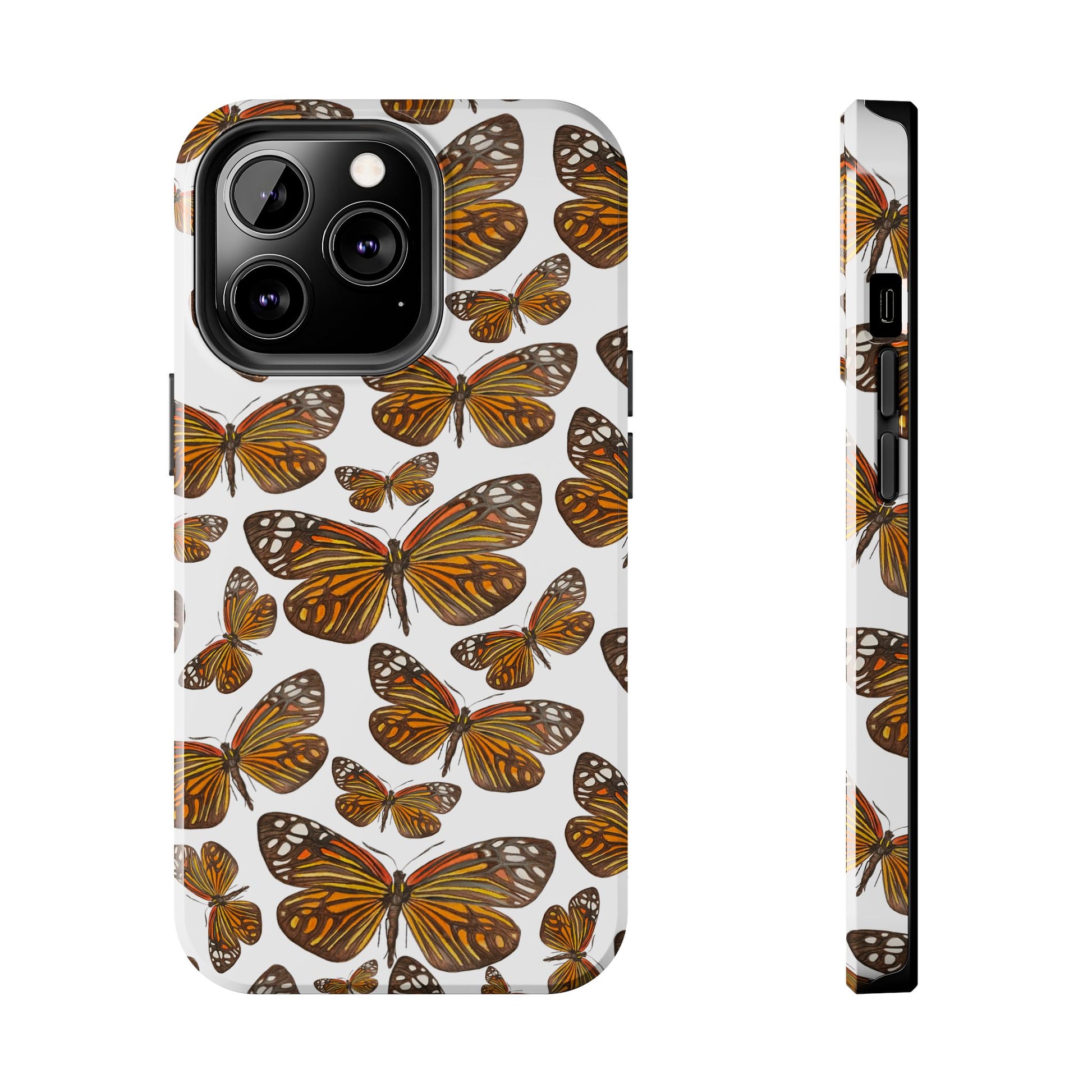 Black & Orange Butterfly Watercolor Illustrated Tossed Pattern Tough Phone Case | Various Models iPhone 13 Pro