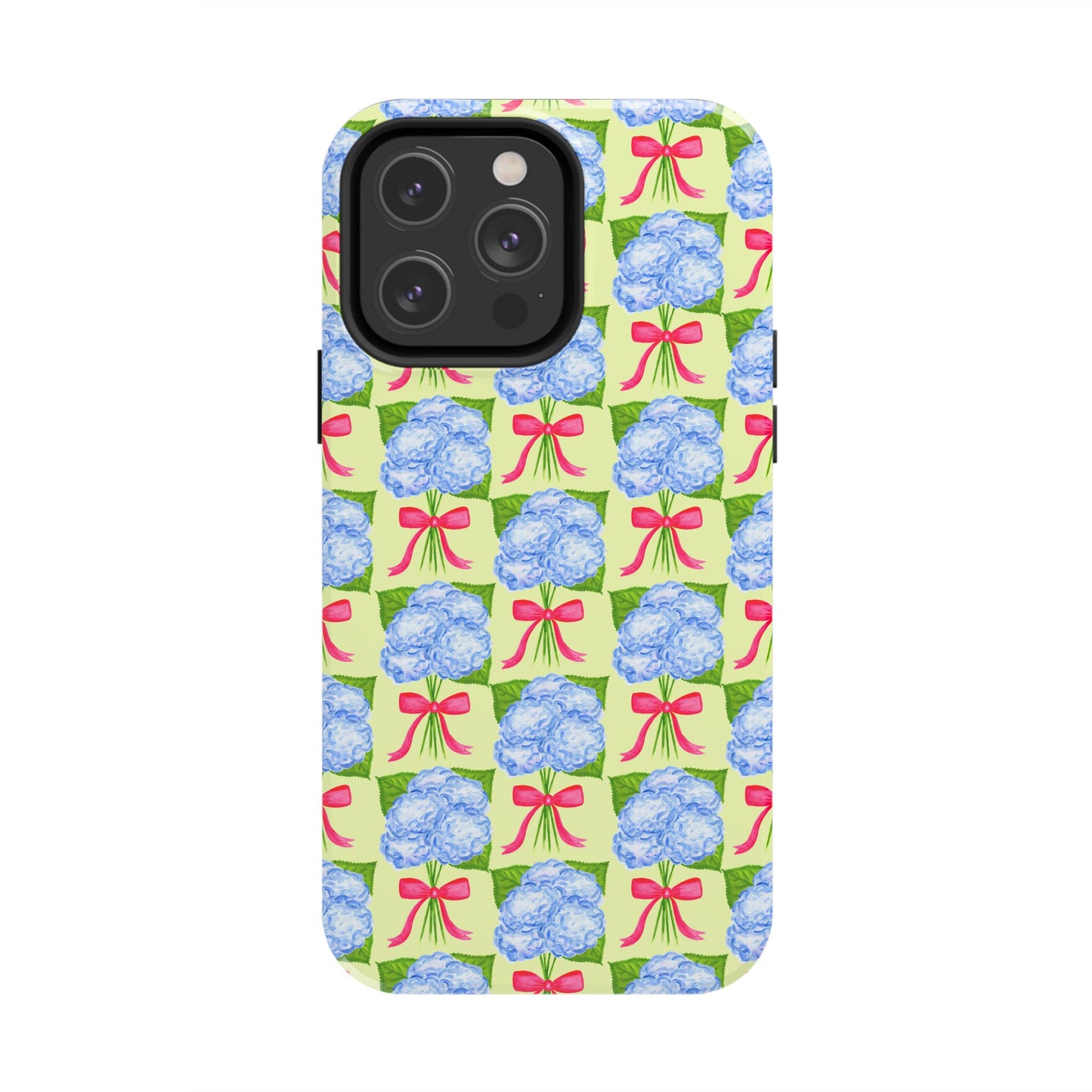 Blue Watercolor Hydrangea Bouquets with Hot Pink Bows Illustrated Patterned Yellow Preppy Grand Millenial Tough Phone Case | Various Models