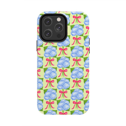 Blue Watercolor Hydrangea Bouquets with Hot Pink Bows Illustrated Patterned Yellow Preppy Grand Millenial Tough Phone Case | Various Models