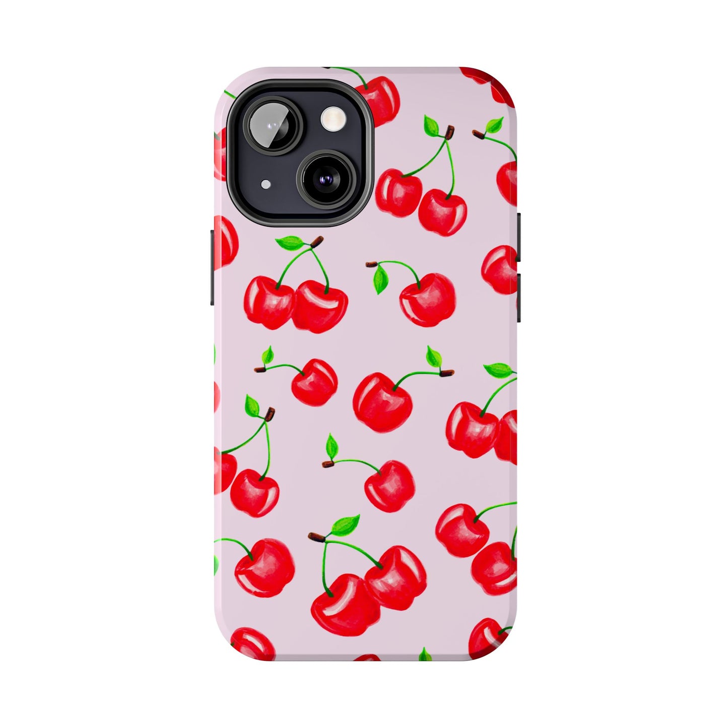 Tossed Red Watercolor Cherries Illustrated Pattern Light Pink Tough Phone Case | Various Models