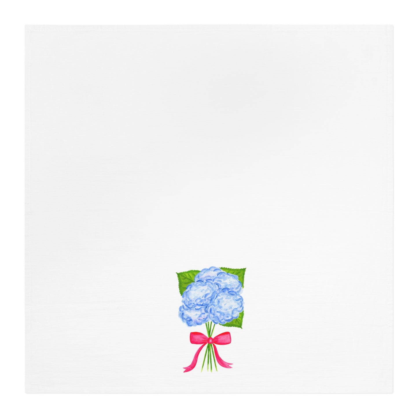Tea Towel | Watercolor Blue Hydrangeas with Hot Pink Bow Illustration Printed | Preppy Coastal Kitchen Decor Gifts