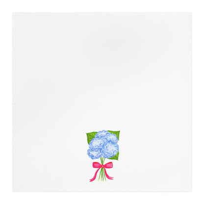 Tea Towel | Watercolor Blue Hydrangeas with Hot Pink Bow Illustration Printed | Preppy Coastal Kitchen Decor Gifts