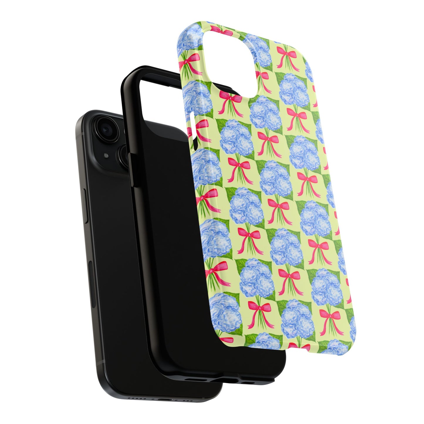 Blue Watercolor Hydrangea Bouquets with Hot Pink Bows Illustrated Patterned Yellow Preppy Grand Millenial Tough Phone Case | Various Models