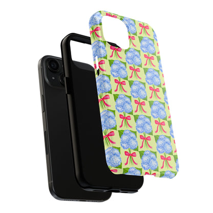 Blue Watercolor Hydrangea Bouquets with Hot Pink Bows Illustrated Patterned Yellow Preppy Grand Millenial Tough Phone Case | Various Models