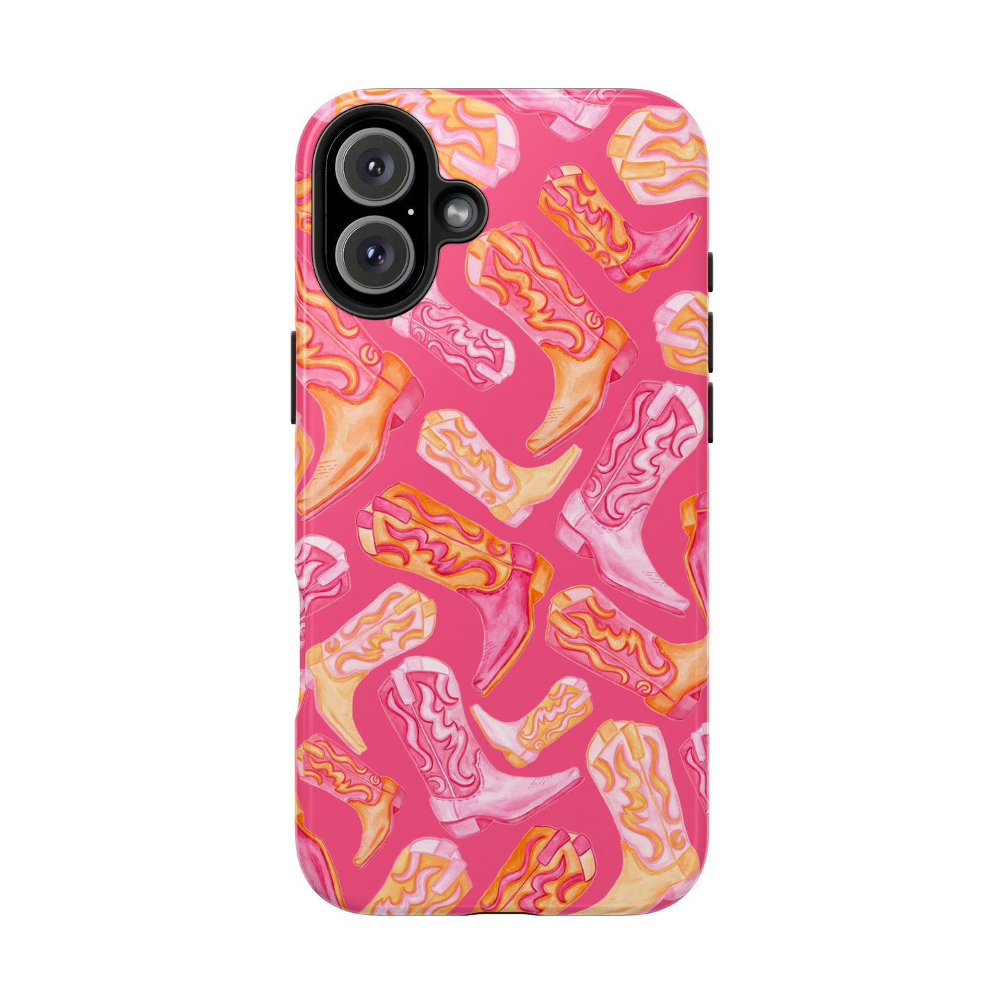 Tossed Hot Pink & Orange Watercolor Cowboy Boots Hot Pink Tough Phone Cases | Various Models iPhone 16 Plus