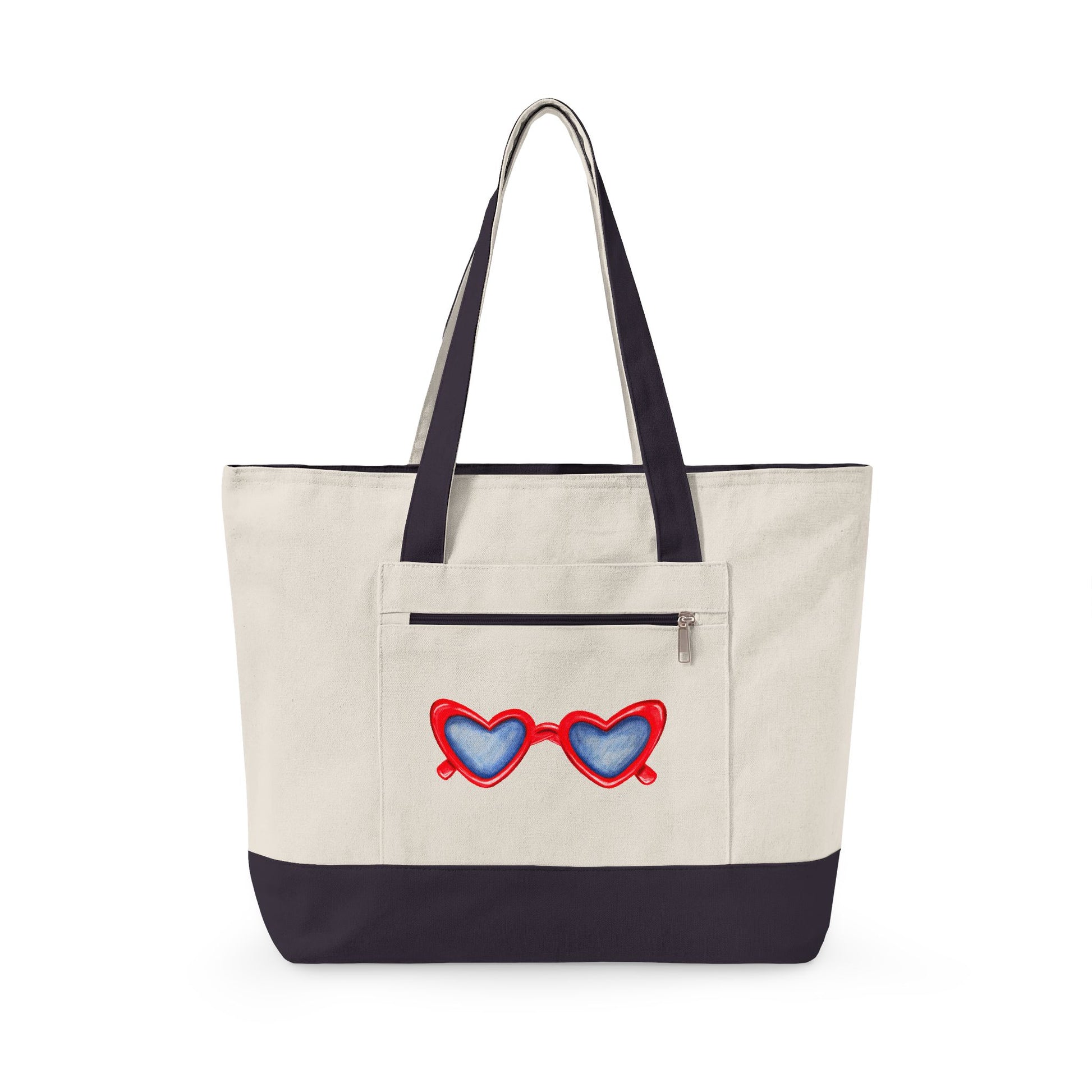 Red Heart Shaped Sunglasses Printed Zippered Canvas Tote 18" x 14" | Various Colors 18" x 14" x 4.5" Natural Navy