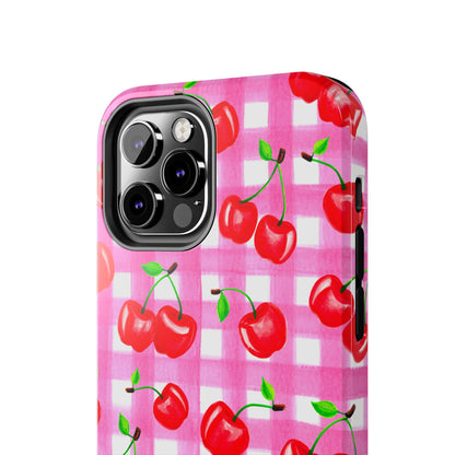Tossed Red Watercolor Cherries Illustrated Pattern Light Pink Gingham Tough Phone Case | Various Models