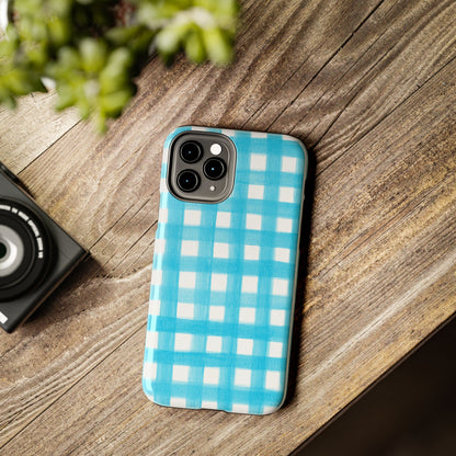 Turquoise Gingham Watercolor Illustrated Tough Phone Case | Various Models Available