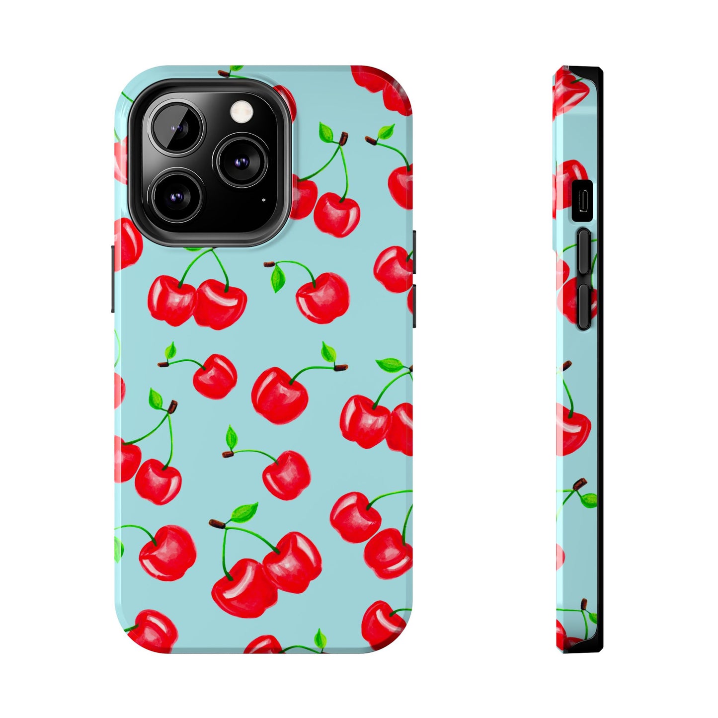 Tossed Red Watercolor Cherries Illustrated Pattern Bright Blue Tough Phone Case | Various Models