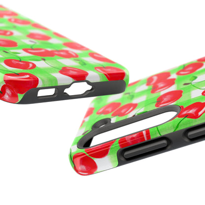 Red Tossed Cherries Green Gingham Watercolor Illustrated Tough Phone Case | Various Models Available