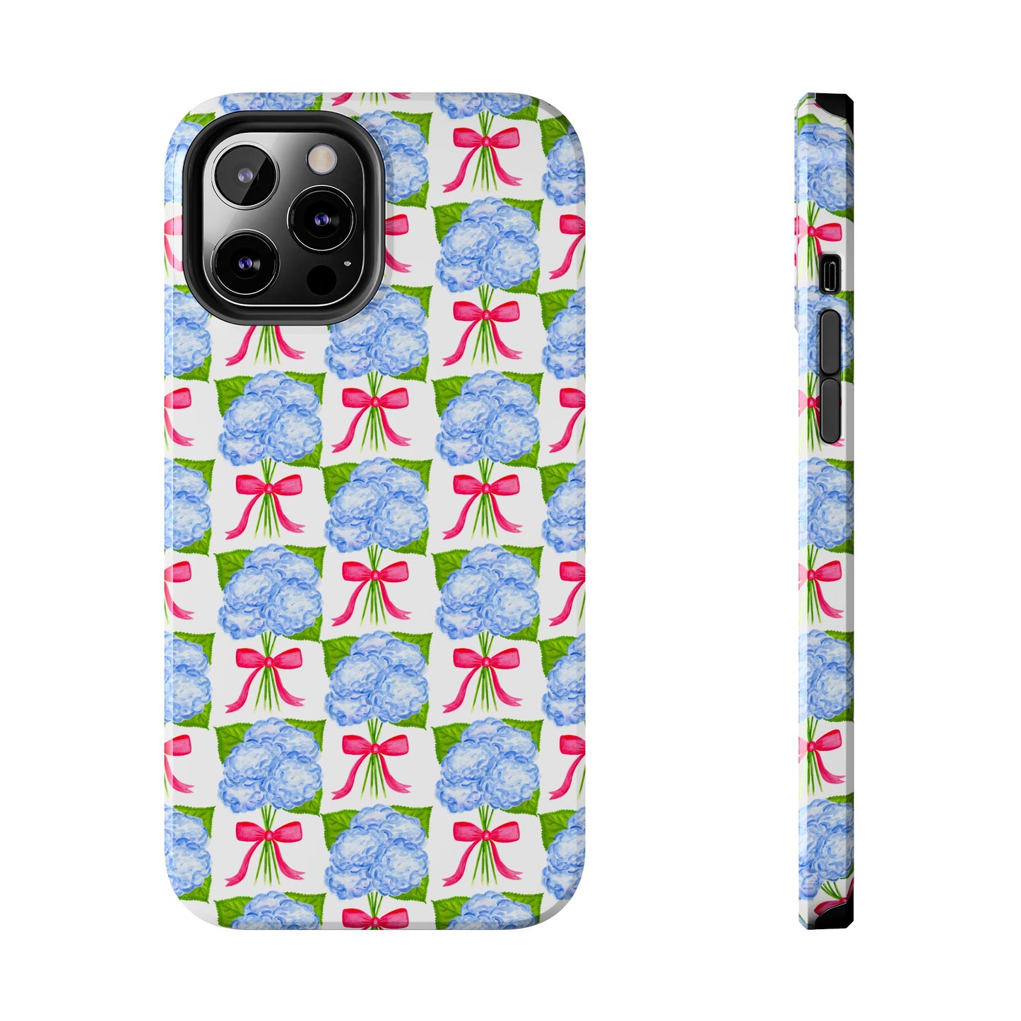 Blue Watercolor Hydrangea Bouquets with Hot Pink Bows Illustrated Patterned Tough Phone Case | Various Models