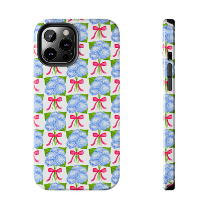 Blue Watercolor Hydrangea Bouquets with Hot Pink Bows Illustrated Patterned Tough Phone Case | Various Models