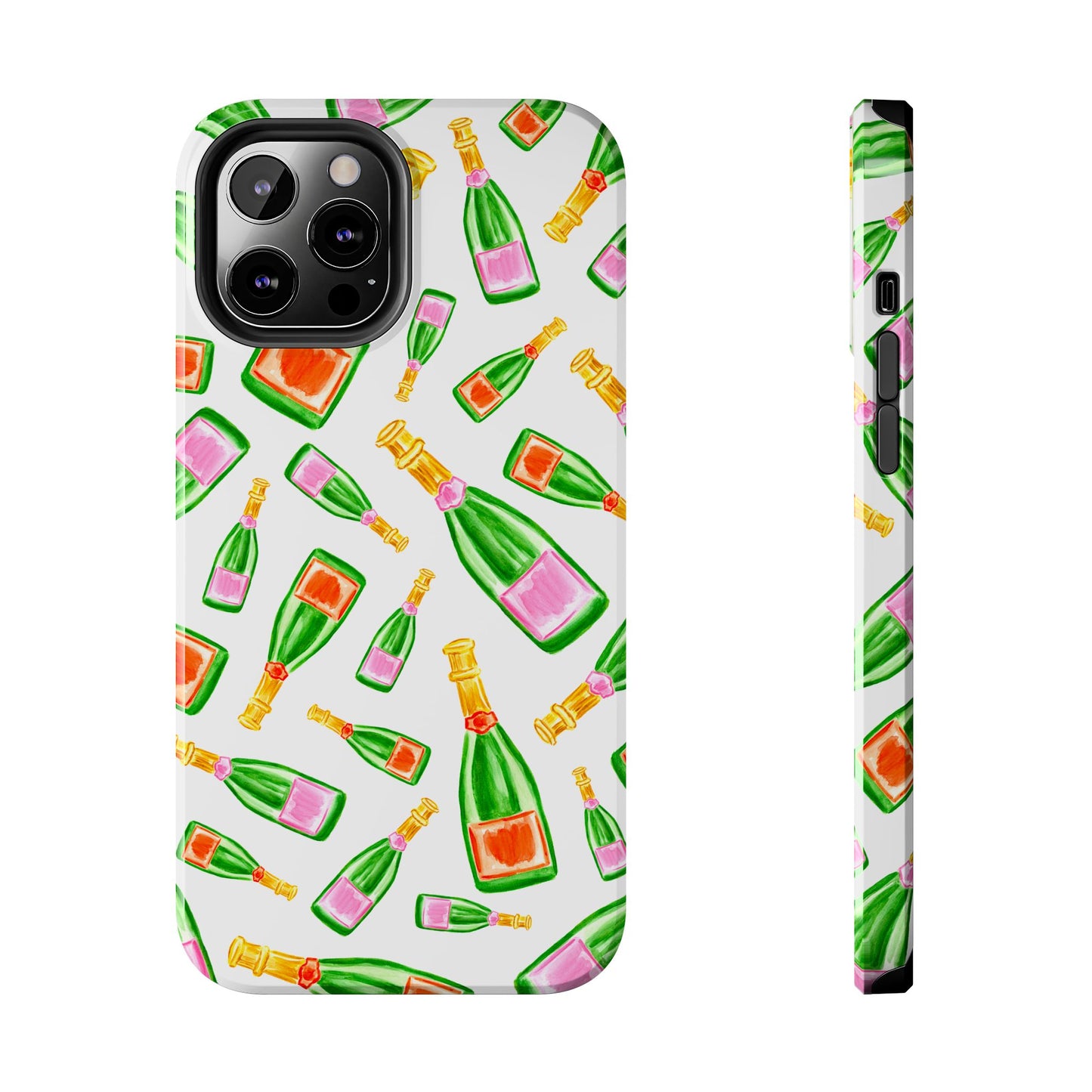 Tossed Pink and Green & Orange and Green Watercolor Illustrated Champagne Bottles Pattern Tough Phone Case | Various Models