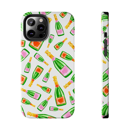 Tossed Pink and Green & Orange and Green Watercolor Illustrated Champagne Bottles Pattern Tough Phone Case | Various Models