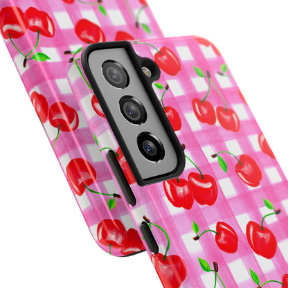 Tossed Red Watercolor Cherries Illustrated Pattern Light Pink Gingham Tough Phone Case | Various Models