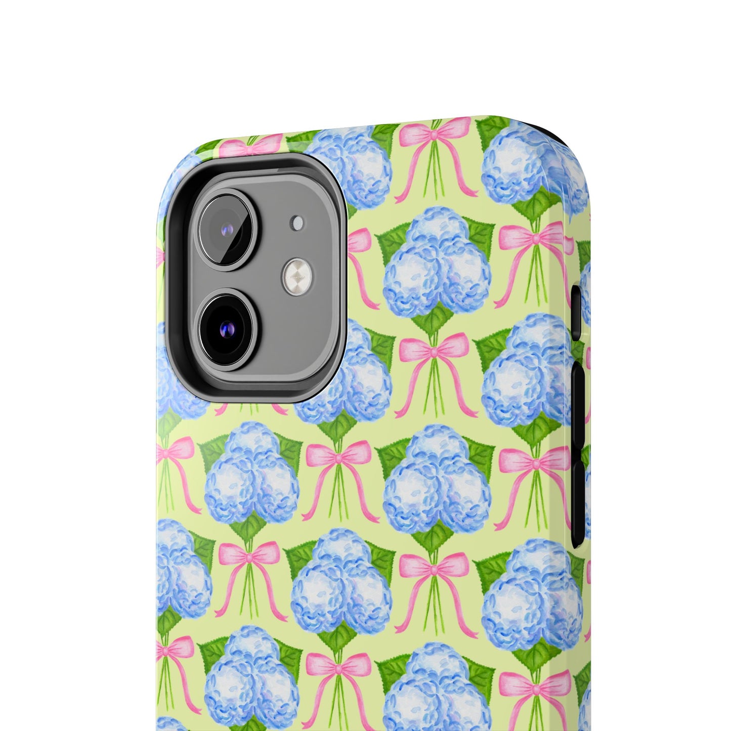 Blue Watercolor Hydrangea Bouquets with Light Pink Bows Watercolor Illustrated Patterned Yellow Tough Phone Case | Various Models