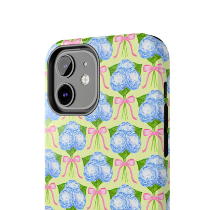 Blue Watercolor Hydrangea Bouquets with Light Pink Bows Watercolor Illustrated Patterned Yellow Tough Phone Case | Various Models