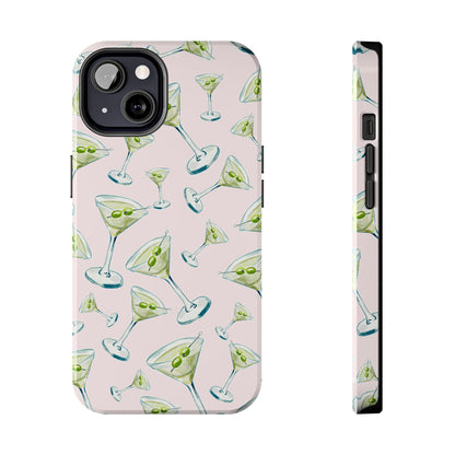 Watercolor Blue and Green Martinis Tossed Illustrated Pattern Blush Pink Tough Phone Case | Various Models