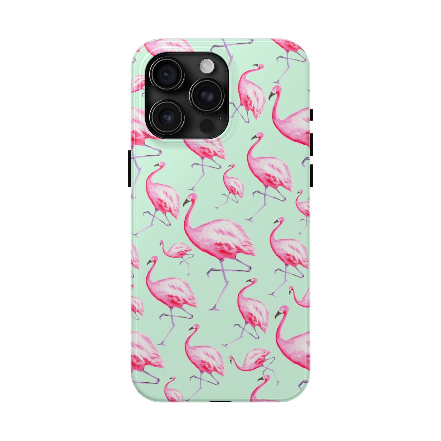 Pink Flamingos Watercolor Illustrated Tossed Pattern Green Phone Case | Various Models iPhone 15 Pro Max