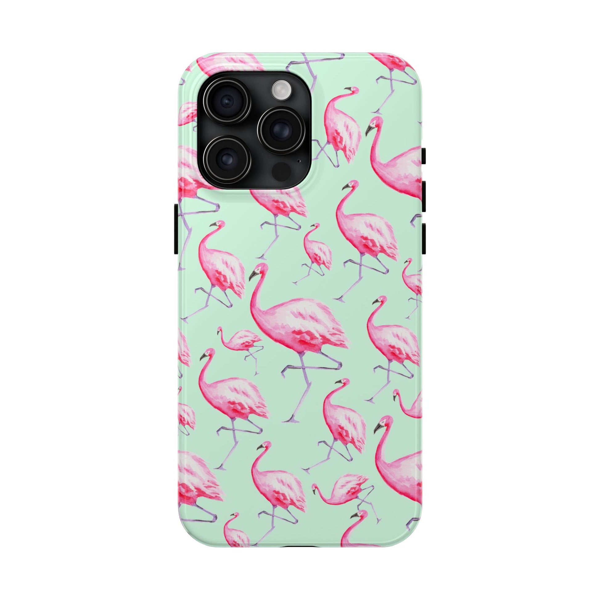 Pink Flamingos Watercolor Illustrated Tossed Pattern Green Phone Case | Various Models iPhone 15 Pro Max