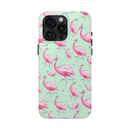 Pink Flamingos Watercolor Illustrated Tossed Pattern Green Phone Case | Various Models iPhone 15 Pro Max