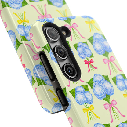 Blue Hydrangeas with Hot Pink, Yellow, Light Pink Bows Watercolor Illustrated Patterned Light Yellow Tough Phone Case | Various Models