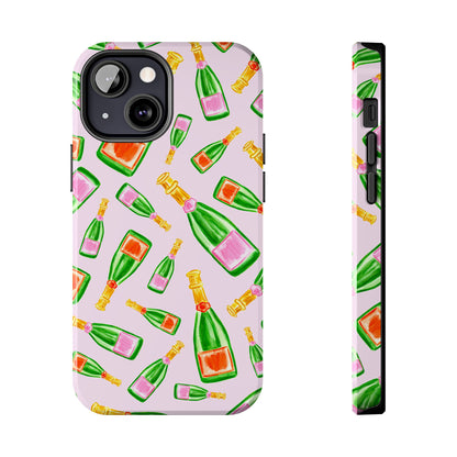 Tossed Pink and Green & Orange and Green Watercolor Illustrated Champagne Bottles Pattern Blush Pink Tough Phone Case | Various Models