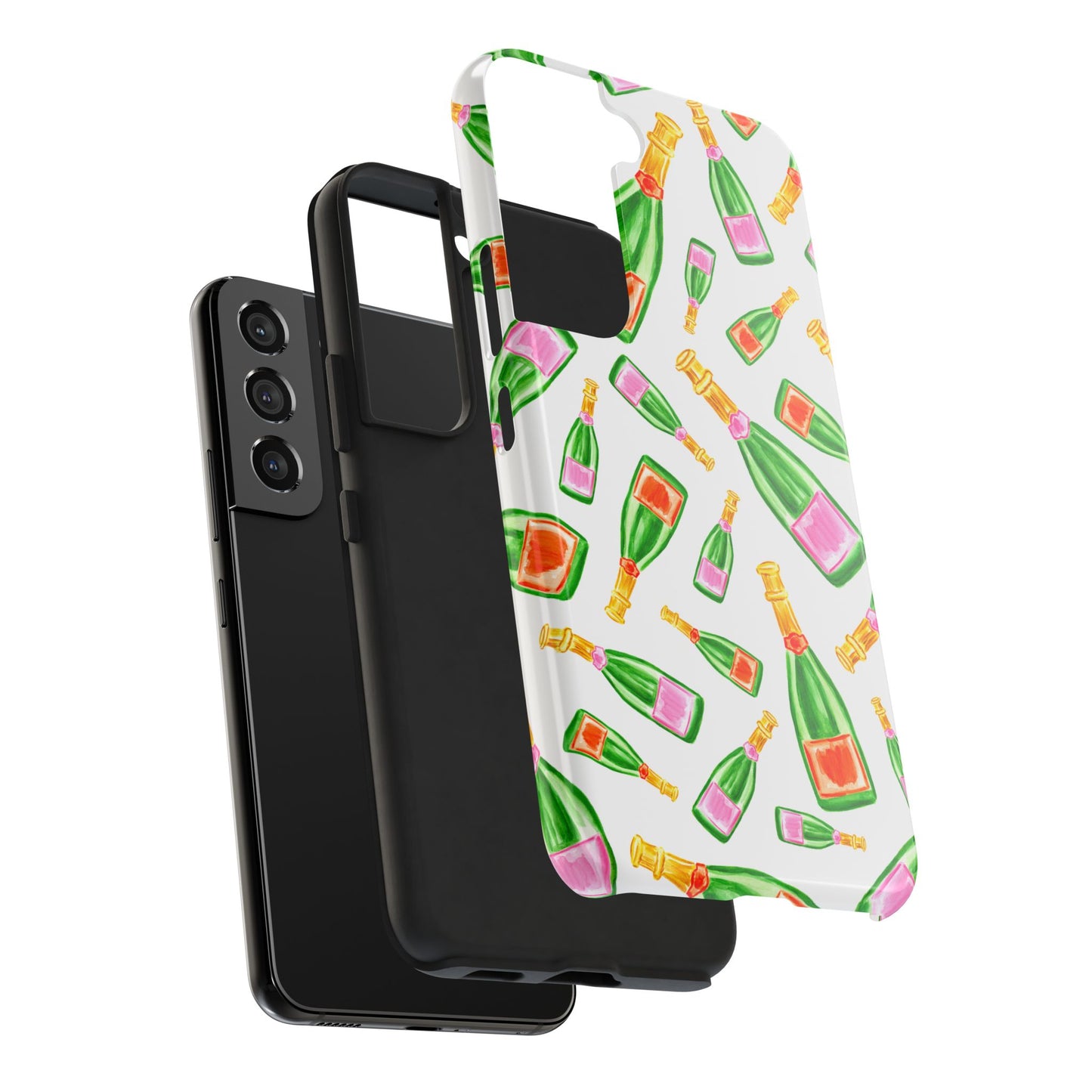 Tossed Pink and Green & Orange and Green Watercolor Illustrated Champagne Bottles Pattern Tough Phone Case | Various Models