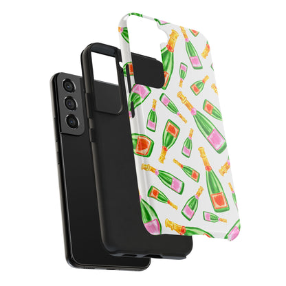 Tossed Pink and Green & Orange and Green Watercolor Illustrated Champagne Bottles Pattern Tough Phone Case | Various Models