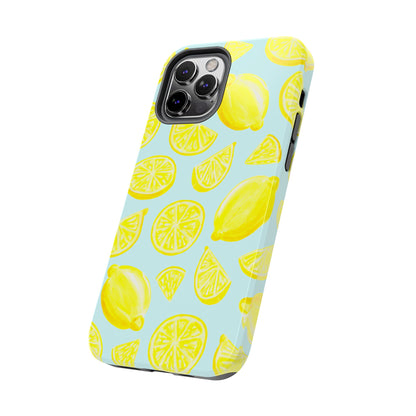 Bright Yellow Lemons Watercolor Illustrated Tossed Pattern Light Blue Tough Phone Case | Various Models