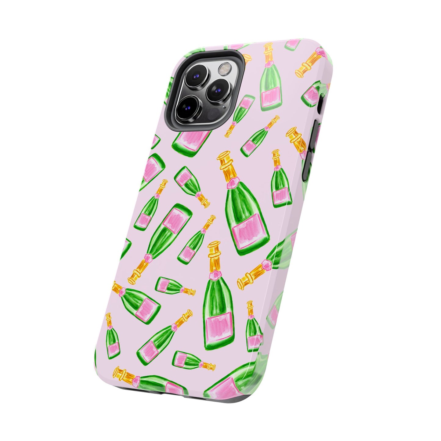 Tossed Pink and Green Watercolor Illustrated Champagne Bottles Pattern Blush Pink Tough Phone Case | Various Models