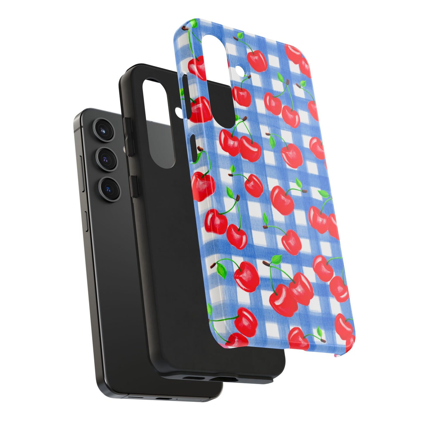 Tossed Red Watercolor Illustrated Cherries Light Blue Gingham Tough Phone Case | Various Models