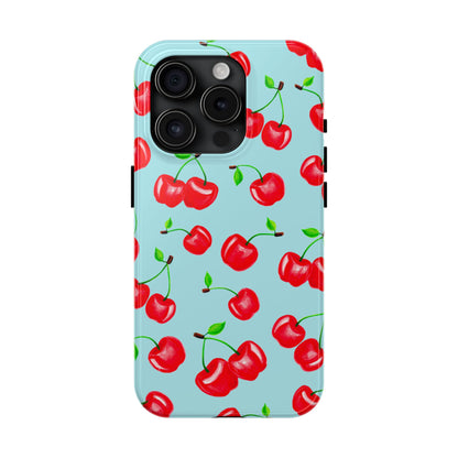 Tossed Red Watercolor Cherries Illustrated Pattern Bright Blue Tough Phone Case | Various Models