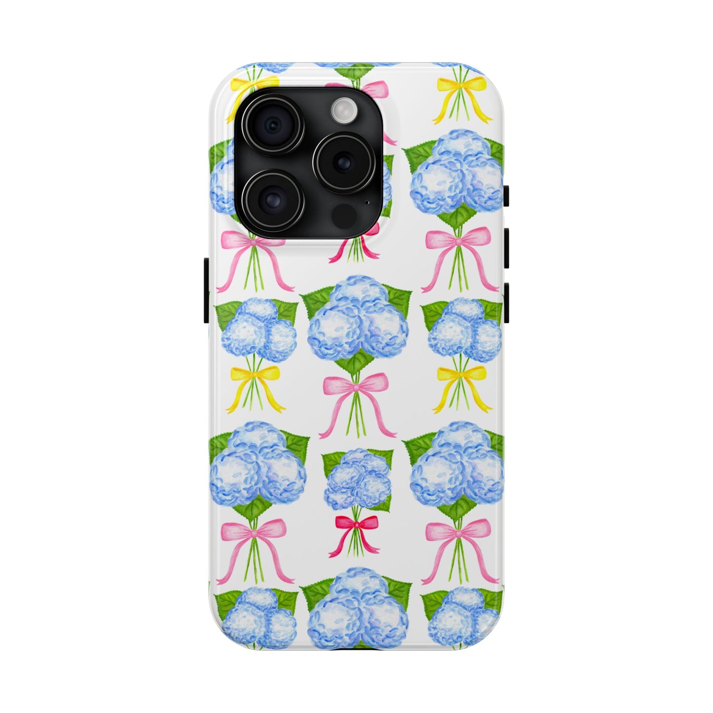 Blue Hydrangeas with Hot Pink, Yellow, Light Pink Bows Watercolor Illustrated Patterned Tough Phone Case | Various Models
