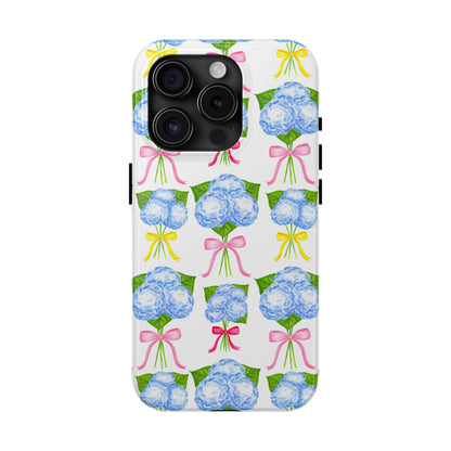 Blue Hydrangeas with Hot Pink, Yellow, Light Pink Bows Watercolor Illustrated Patterned Tough Phone Case | Various Models