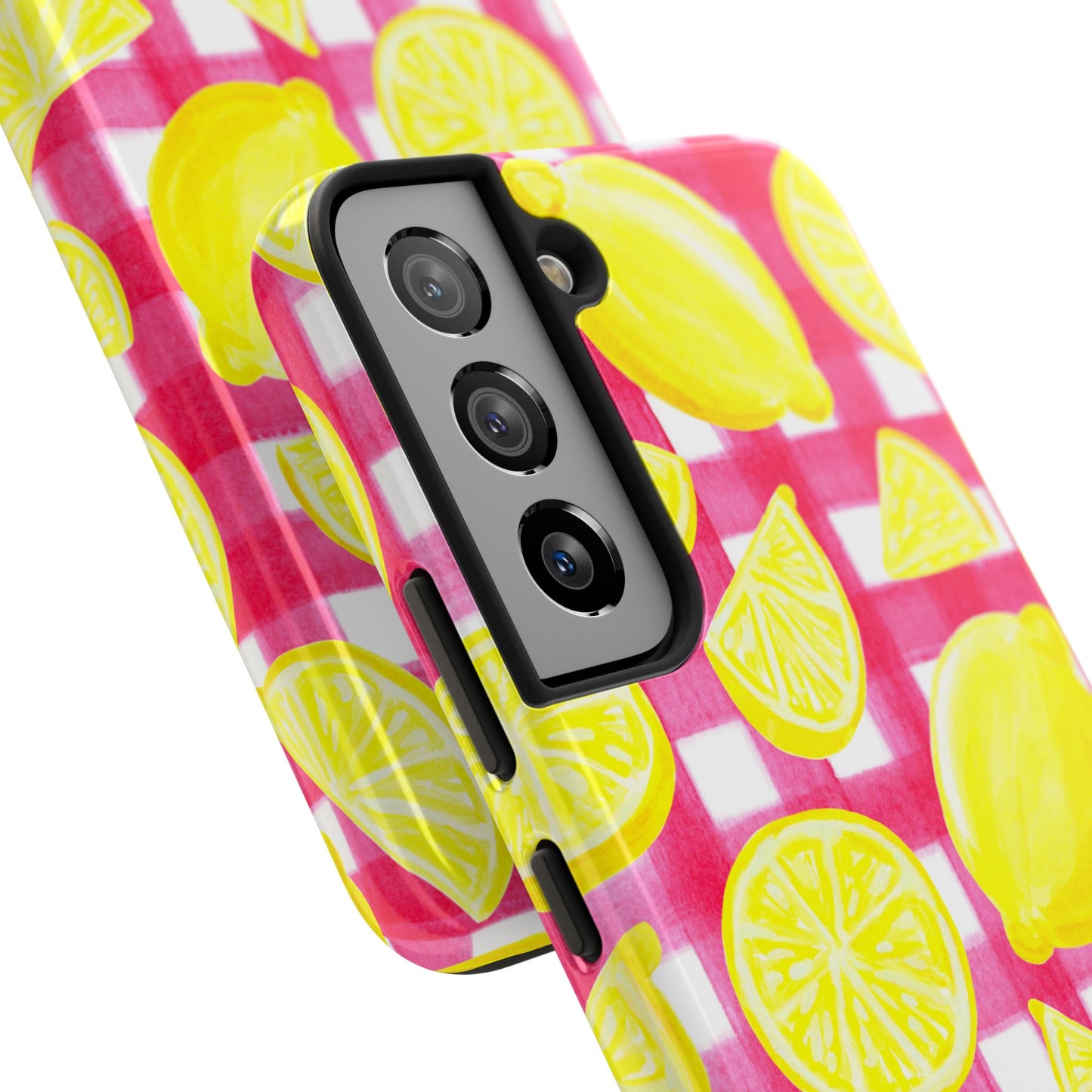 Yellow Lemons & Hot Pink Gingham Watercolor Illustrated Tough Phone Case | Various Models Available