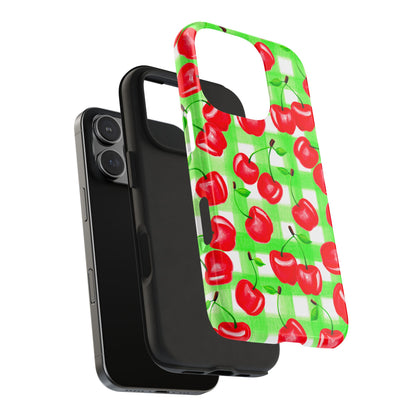 Red Tossed Cherries Green Gingham Watercolor Illustrated Tough Phone Case | Various Models Available