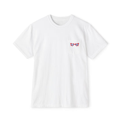 Red White & Blue Heart Shaped Glasses Printed Unisex Garment-Dyed Pocket T-Shirt
