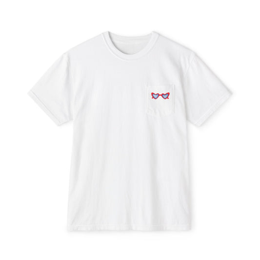 Red White & Blue Heart Shaped Glasses Printed Unisex Garment-Dyed Pocket T-Shirt