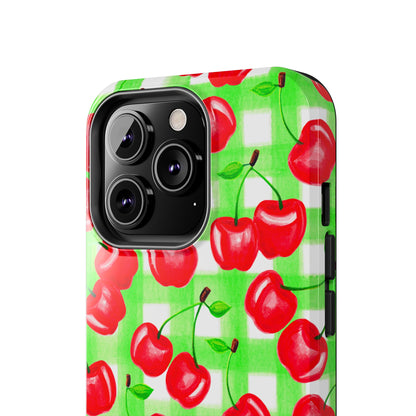 Red Tossed Cherries Green Gingham Watercolor Illustrated Tough Phone Case | Various Models Available