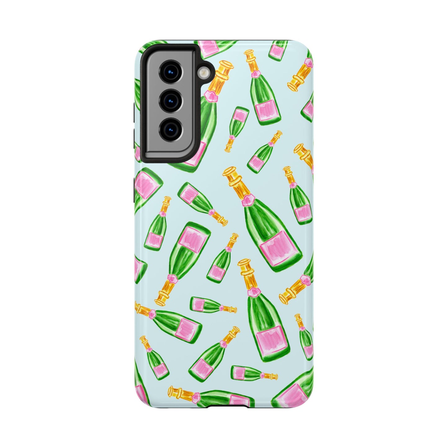 Tossed Pink and Green Watercolor Illustrated Champagne Bottles Pattern Light Blue Tough Phone Case | Various Models
