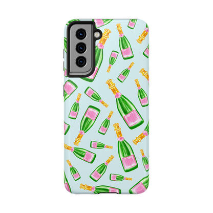 Tossed Pink and Green Watercolor Illustrated Champagne Bottles Pattern Light Blue Tough Phone Case | Various Models
